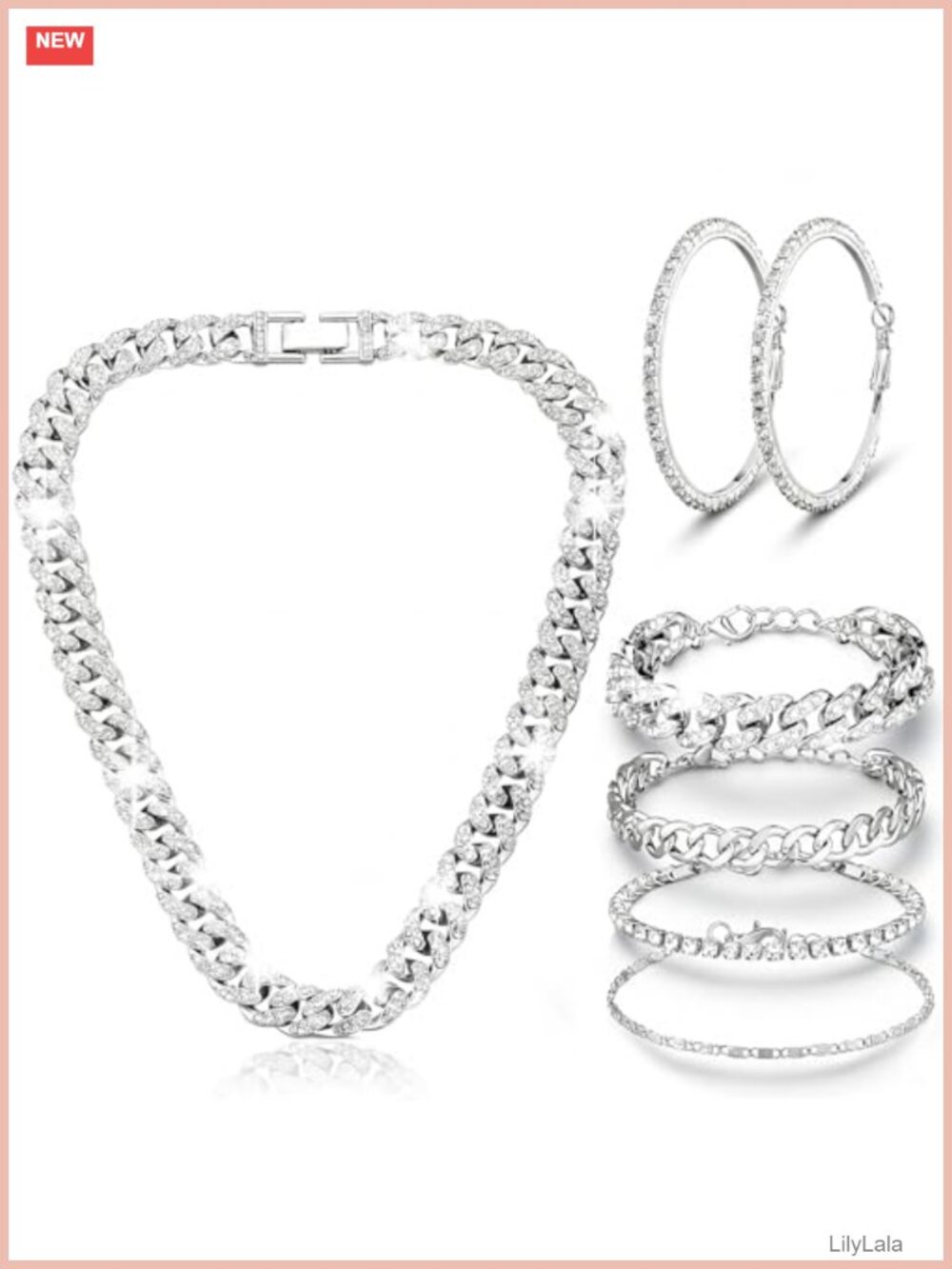 Cuban Link Rhinestone Jewelry Set Necklace Bracelets Hoop Earrings 6 Pc